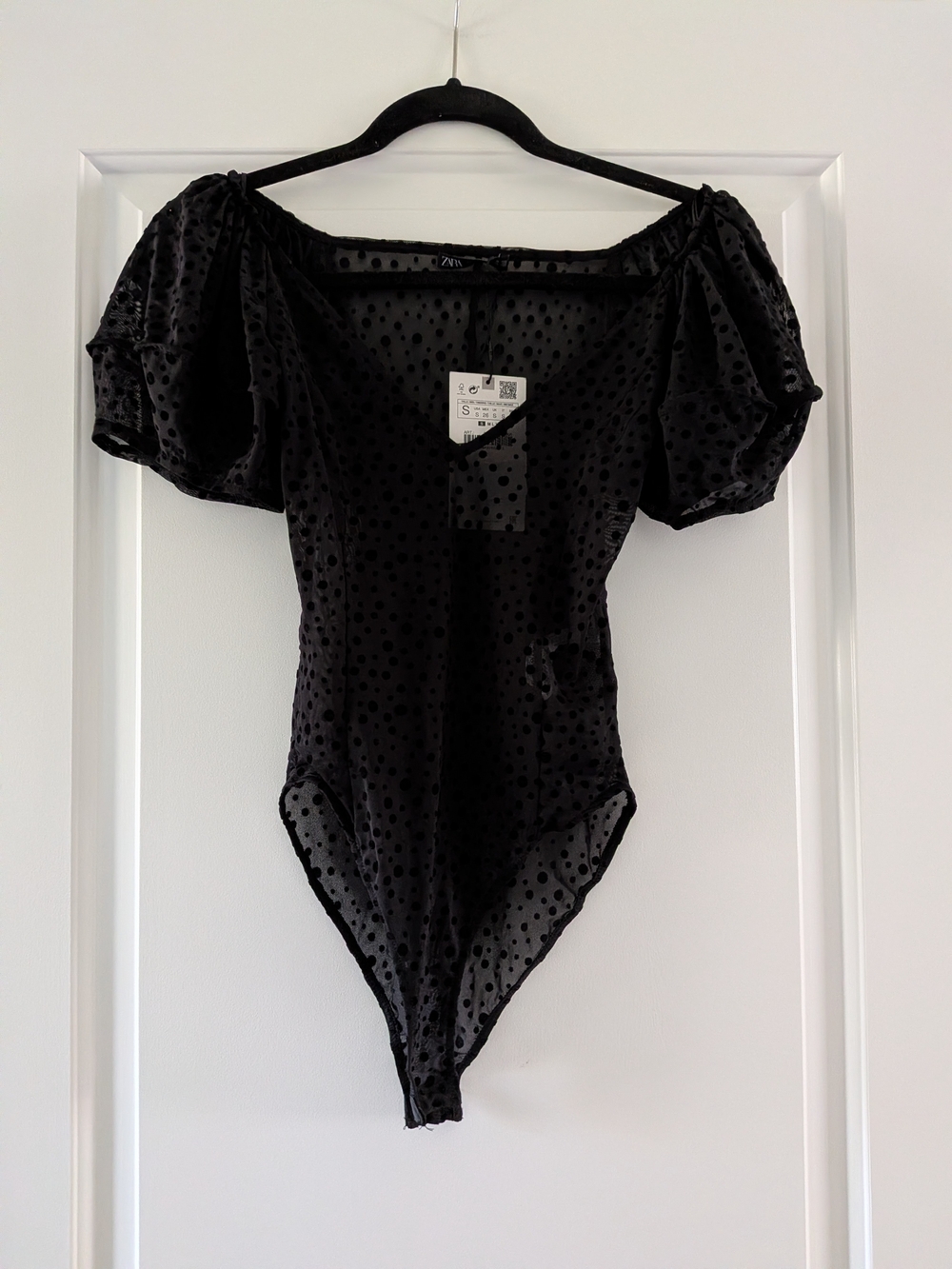 Zara Black Sheer Dot Puff Sleeve Bodysuit